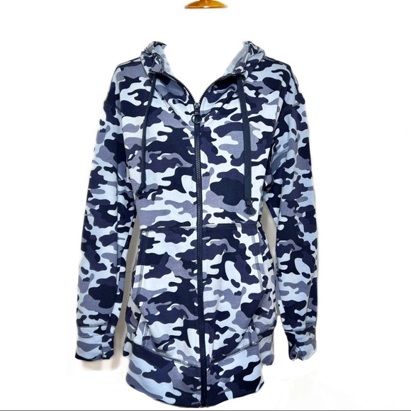 SOLD-NWT Fabletics Navy Blue Camo Zip Up Hoodie Sweatshirt - Picture 2 of 12